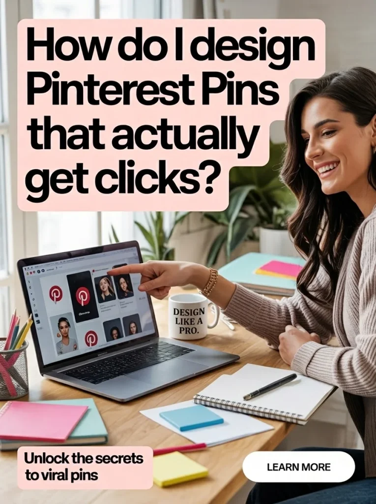 Woman in home office pointing at Pinterest website on her laptop