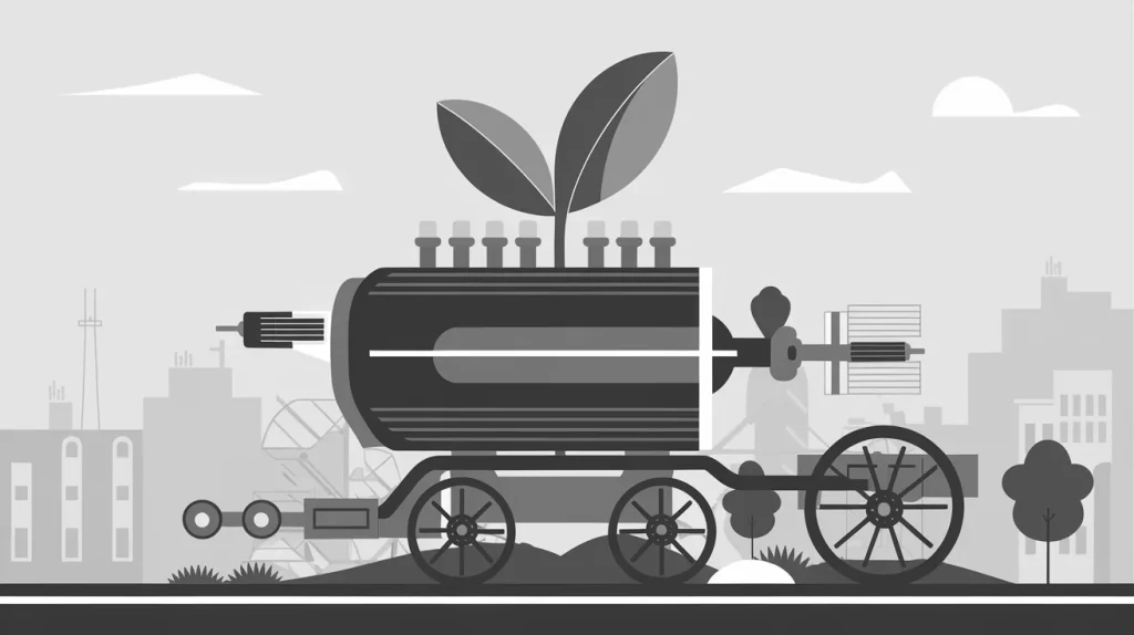 A greyscale illustration depicting a sustainable traffic engine