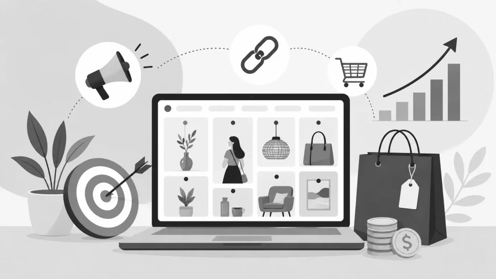 Greyscale graphic illustrating affiliate marketing concepts with a laptop, shopping bag, target, and growth chart.