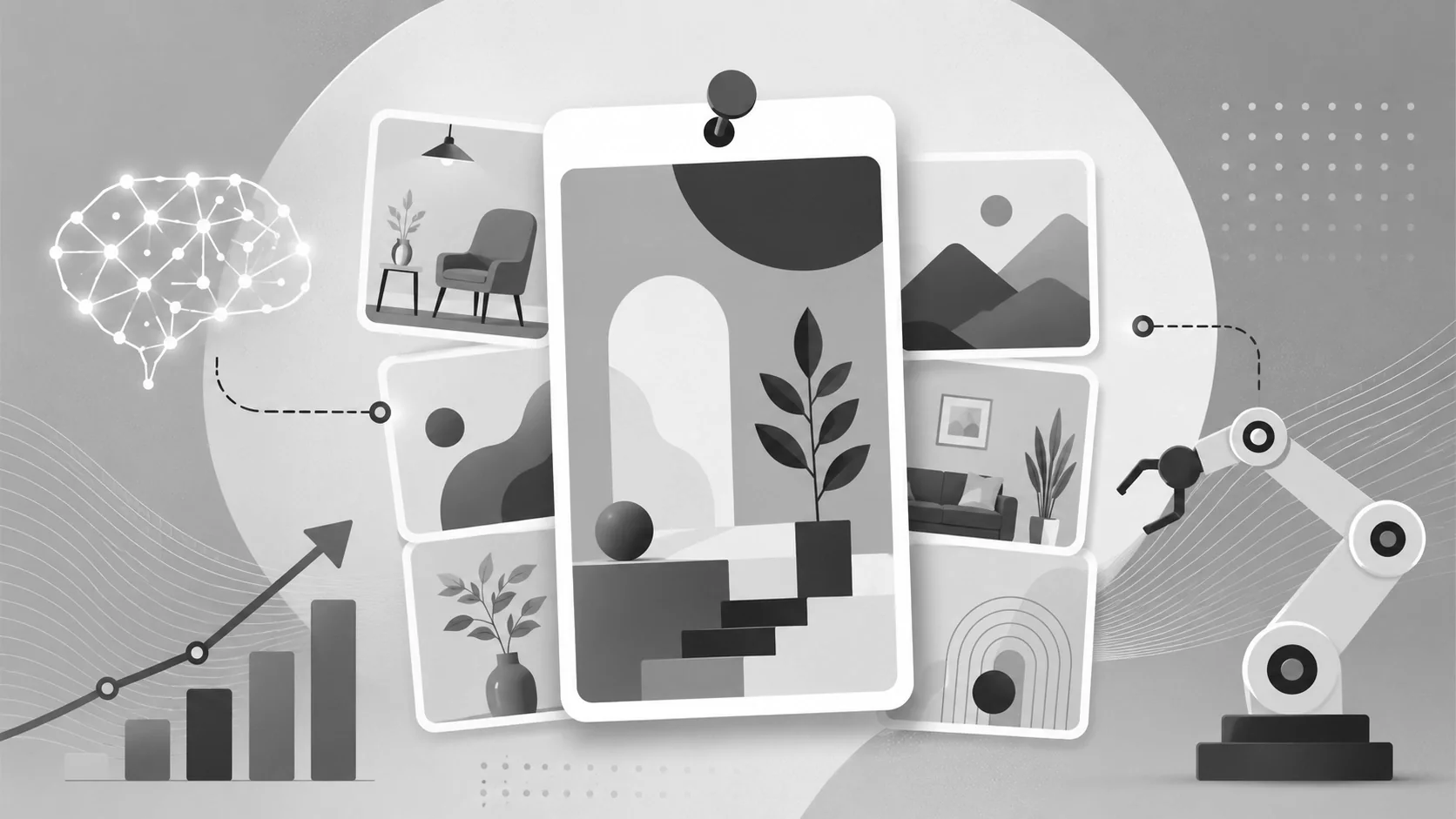 Greyscale illustration of a robotic arm and a brain connected to various images, symbolizing AI-powered Pinterest marketing and growth.