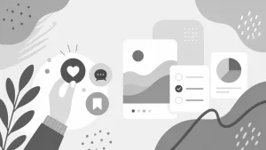 Greyscale illustration of a hand interacting with social media icons, alongside UI elements like a photo gallery, checklist, and pie chart.