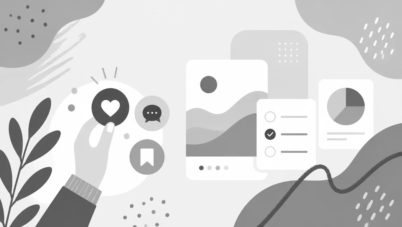 Greyscale illustration of a hand interacting with social media icons, alongside UI elements like a photo gallery, checklist, and pie chart.