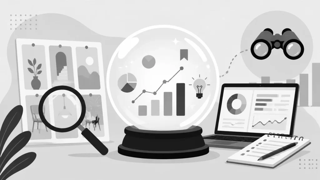 Greyscale illustration of a crystal ball with charts, a laptop, binoculars, and a magnifying glass, symbolizing market research and analysis.