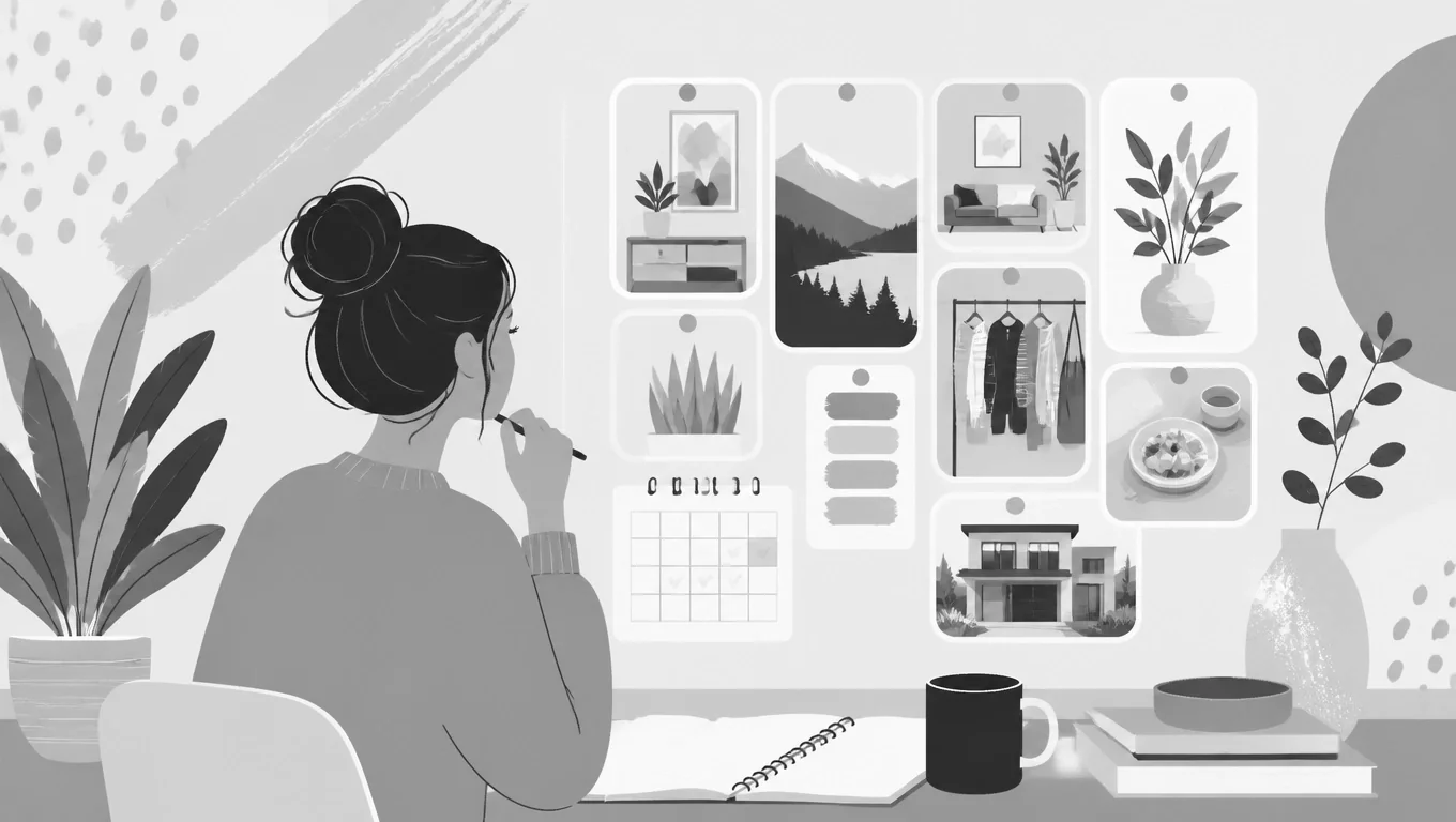 Greyscale illustration of a person looking at a mood board with images of home decor, nature, clothing, and a calendar.