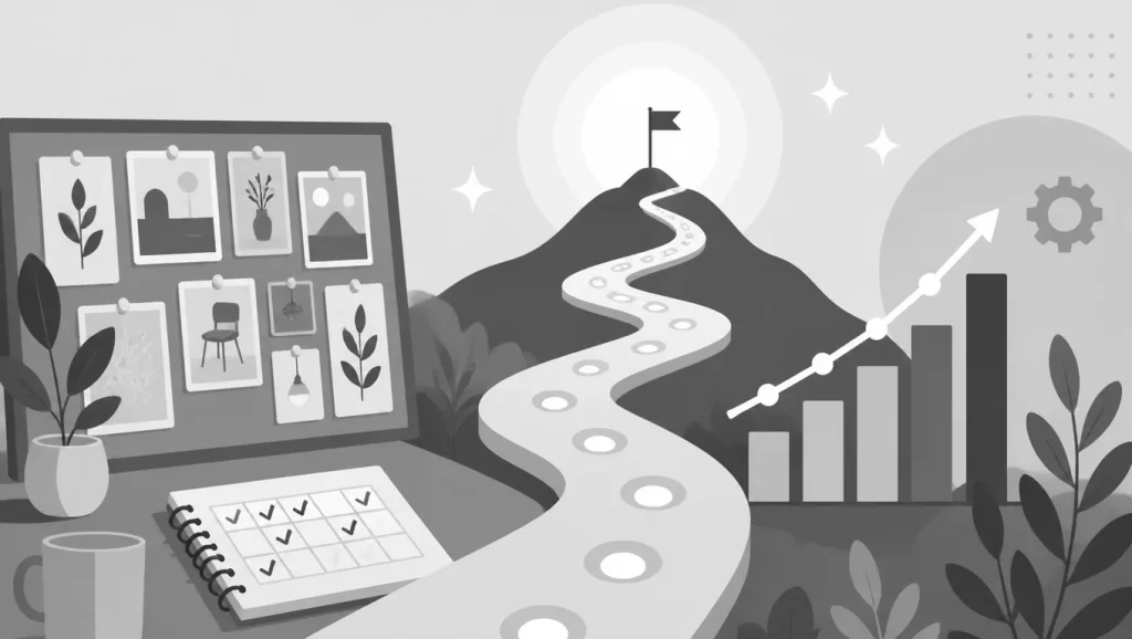 Greyscale illustration showing a winding path leading to a mountain peak with a flag, symbolizing persistence and goal achievement.
