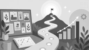 Greyscale illustration showing a winding path leading to a mountain peak with a flag, symbolizing persistence and goal achievement.