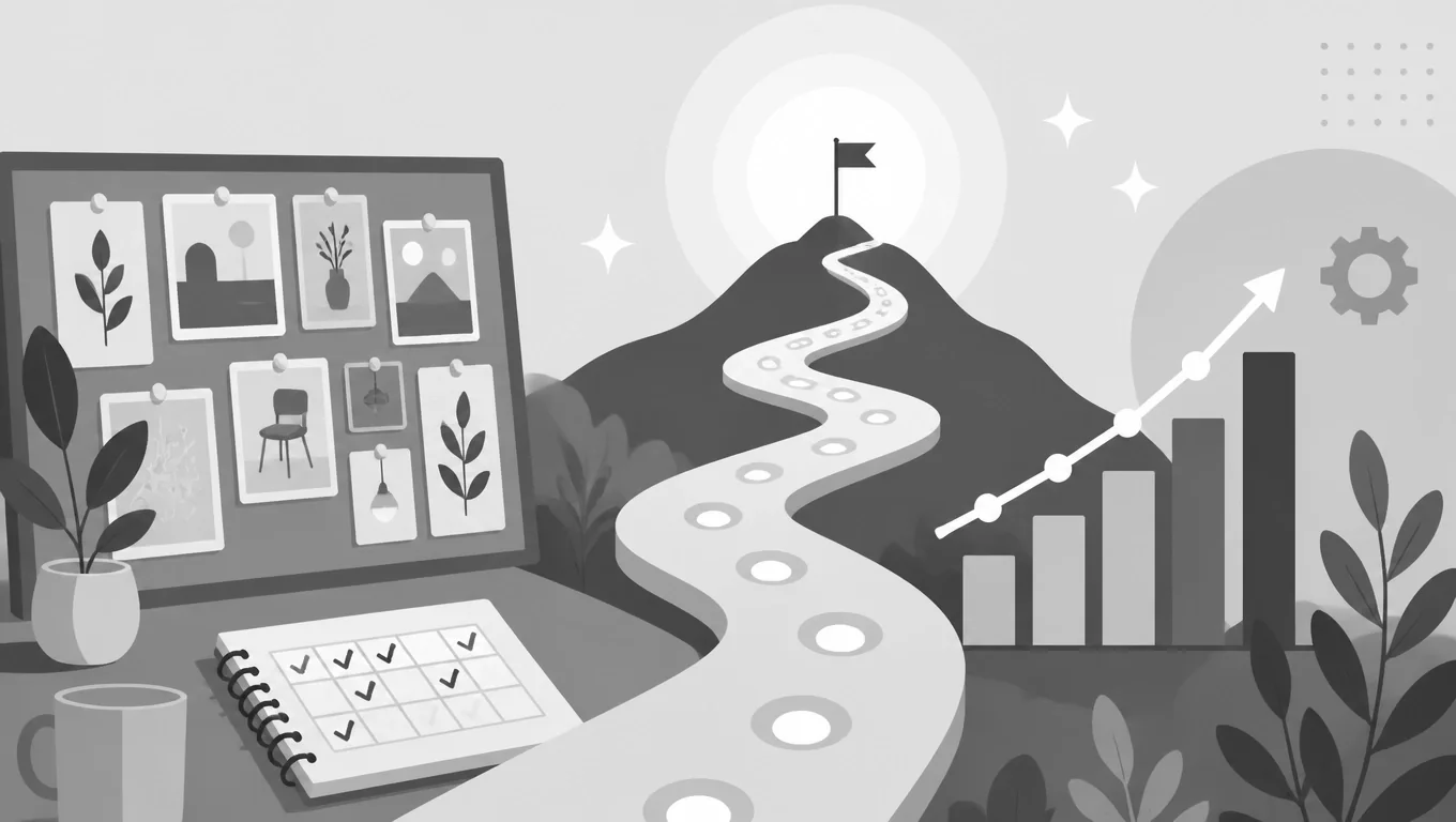 Greyscale illustration showing a winding path leading to a mountain peak with a flag, symbolizing persistence and goal achievement.