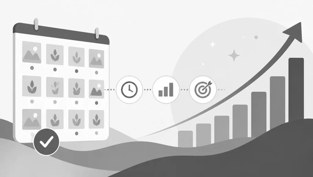 Greyscale illustration showing a calendar with images, connected to icons for time, analytics, and goals, leading to an upward trending graph.