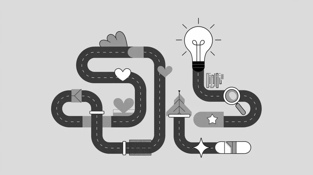 Greyscale illustration of a winding road with icons representing search, ideas, and engagement, symbolizing the Pinterest algorithm.
