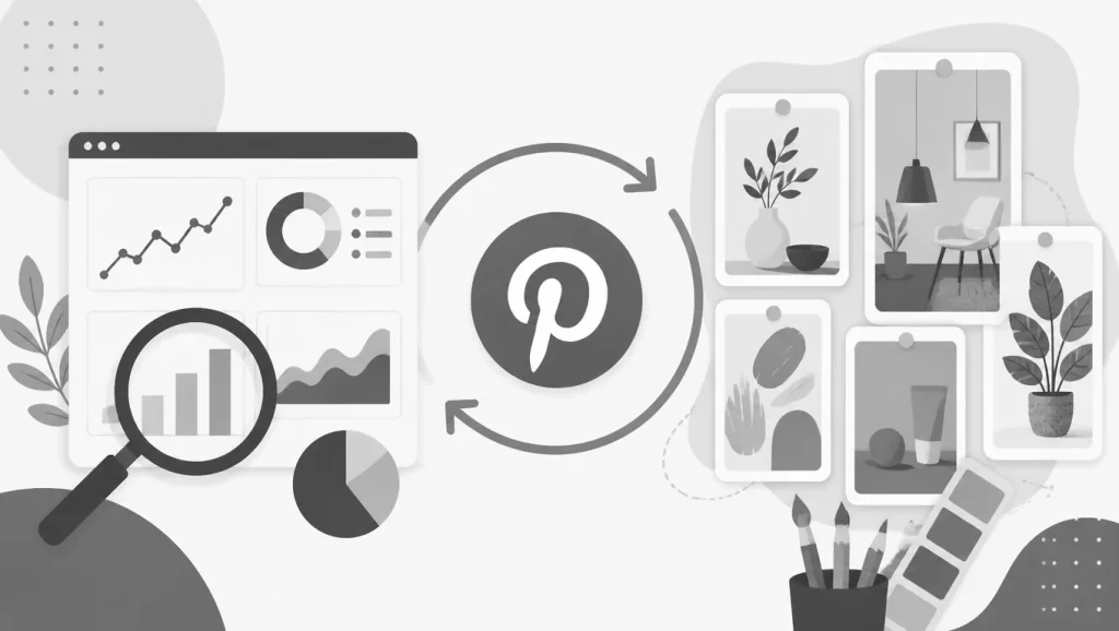 Greyscale illustration showing Pinterest analytics data and inspiration boards, symbolizing continuous improvement.