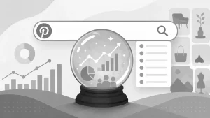Greyscale illustration of a crystal ball showing market growth charts, with a Pinterest search bar and various icons representing market trends.