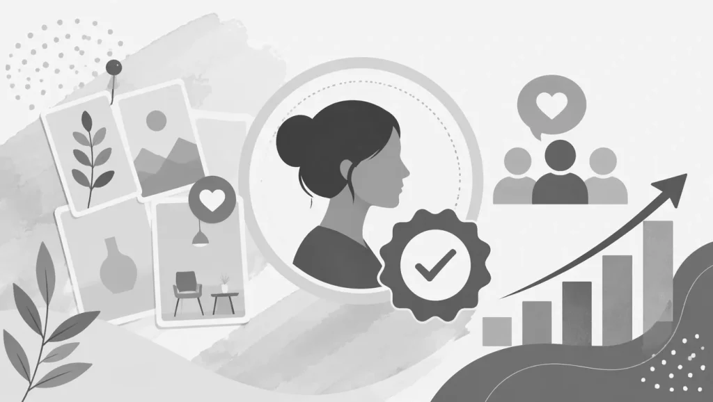 Greyscale graphic illustrating business success on Pinterest with icons for trust, audience, and growth charts.