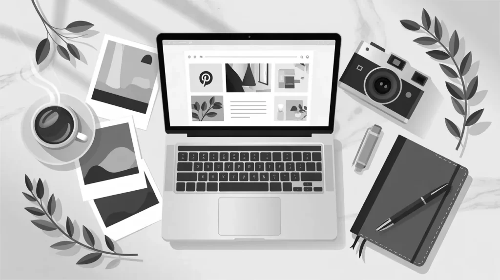 A greyscale flat lay of a laptop displaying Pinterest, a vintage camera, coffee, photos, and a notebook, representing content creation.
