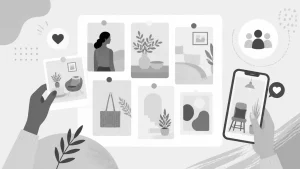 Greyscale illustration of hands interacting with a Pinterest-style board and a smartphone, symbolizing user-generated content engagement.