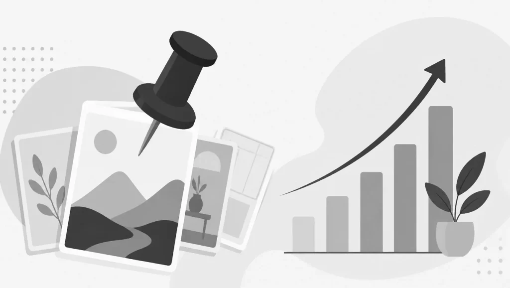 Greyscale illustration of pins and a growing bar chart symbolizing Pinterest growth strategy.