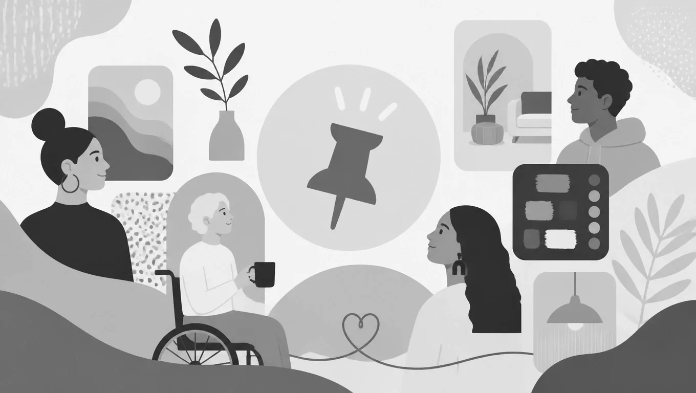 Greyscale illustration depicting diverse people, including someone in a wheelchair, connected by a heart symbol and a pushpin.