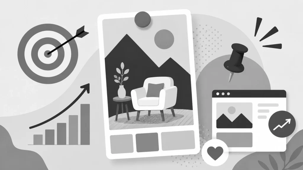 Greyscale graphic illustrating a Pinterest pin strategy with a target, growth chart, and website mockup.
