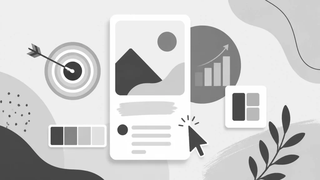 Greyscale illustration of design elements for Pinterest pins, including a target, graph, and color palette.