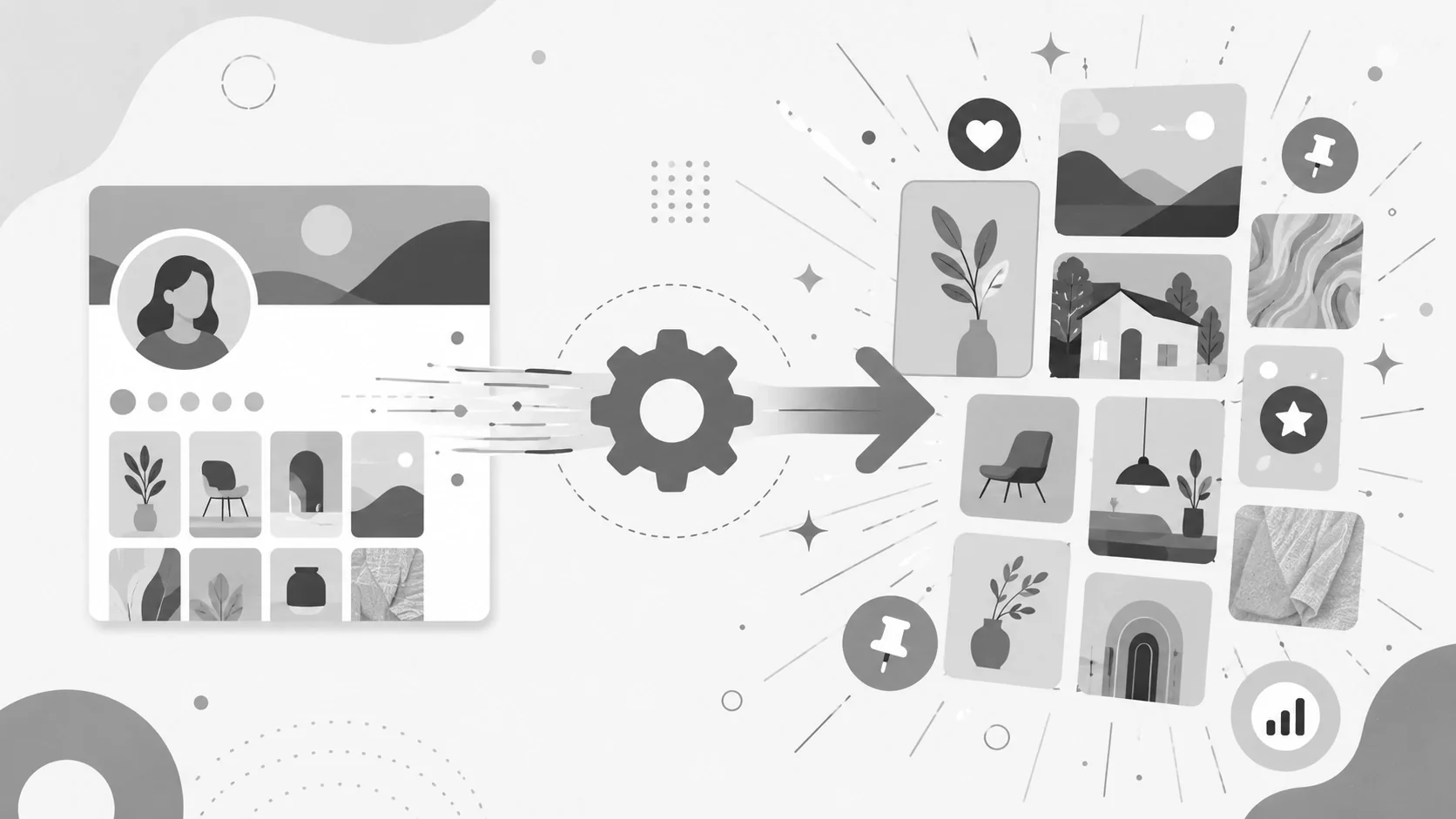 Greyscale illustration showing a Pinterest profile transforming into a collection of diverse content cards.