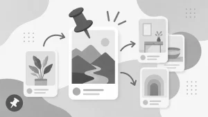 Greyscale illustration showing a process of pinning images on Pinterest, representing engagement.