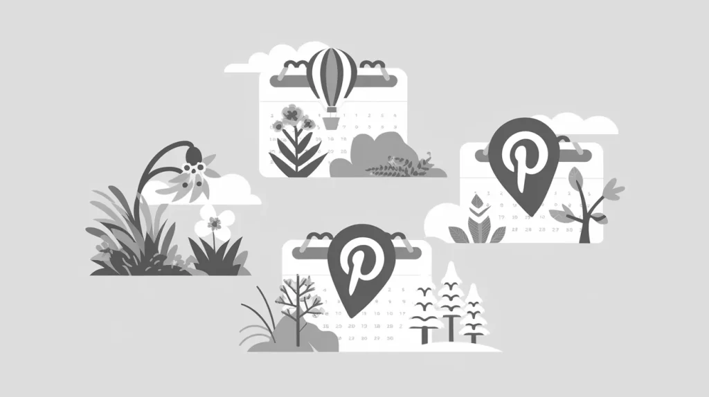 Greyscale illustration of calendars with seasonal elements and Pinterest logos, representing Pinterest's seasonal trends.