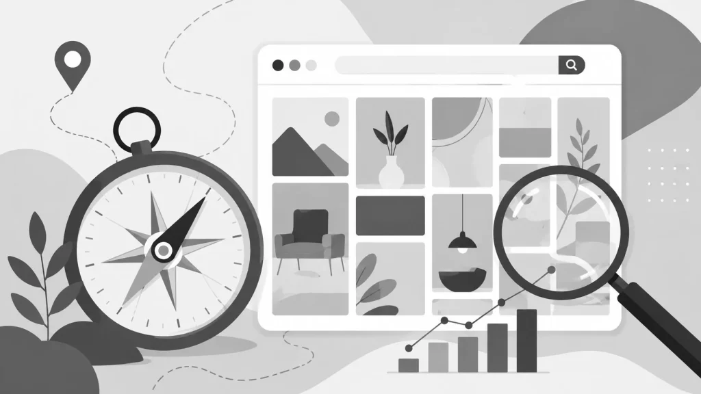 Greyscale illustration of a compass, magnifying glass, and website search bar symbolizing Pinterest SEO strategy and analytics.