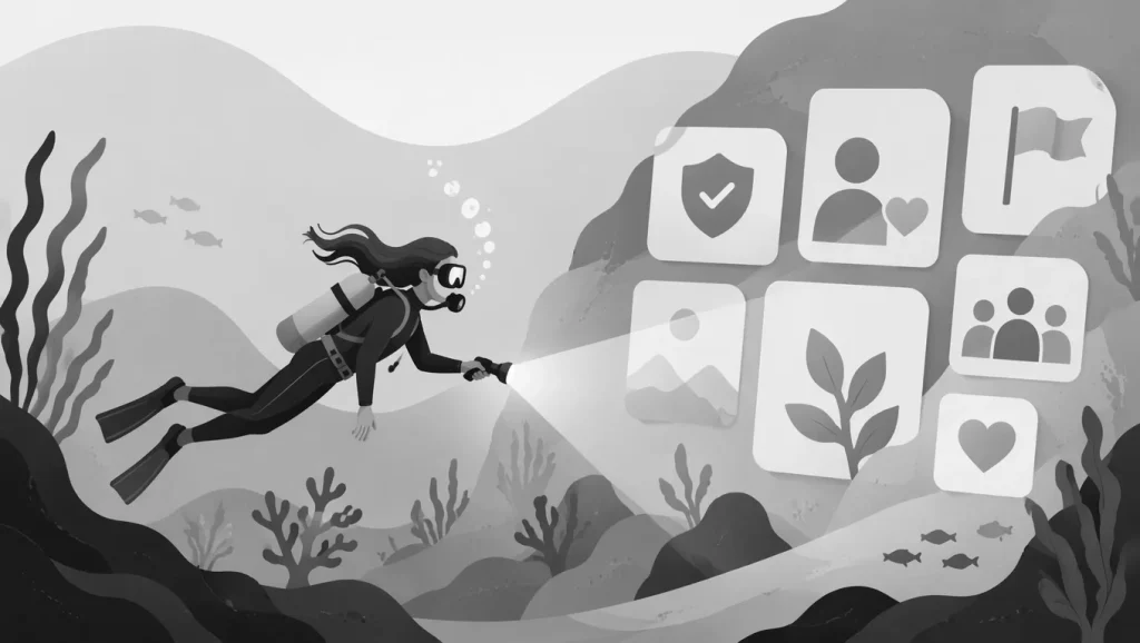 A greyscale illustration of a scuba diver exploring various Pinterest icons underwater, symbolizing a deep dive into platform guidelines.