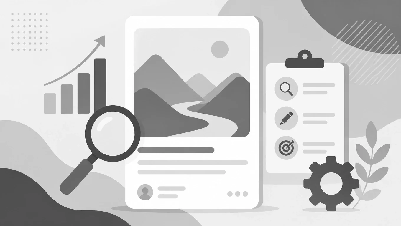 Greyscale illustration of SEO analytics with a magnifying glass, graph, and checklist.
