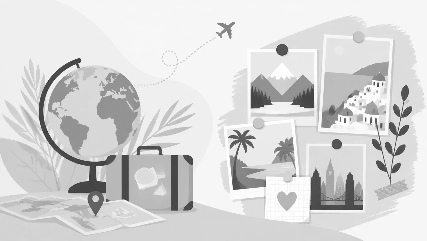 Greyscale illustration of a globe, suitcase, maps, and travel photos representing travel inspiration.
