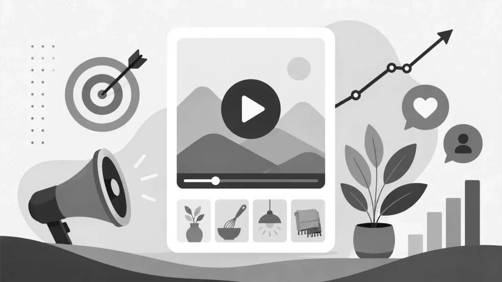 Greyscale illustration of marketing elements for video pin engagement, including a video player, megaphone, target, and growth chart.