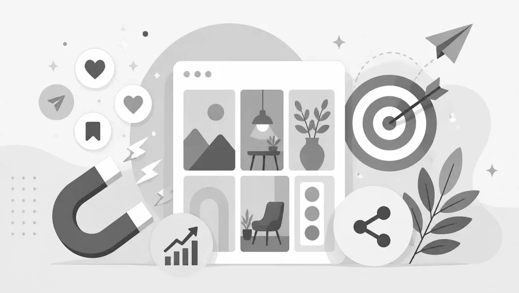 Greyscale illustration of a magnet attracting social media icons, a website grid, and a target with an arrow, symbolizing viral content strategy.