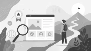 Greyscale illustration of a person with a backpack looking at a winding path leading to a flag on a mountain, symbolizing a journey towards website quality.
