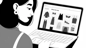 Woman using a laptop to browse fashion items on Pinterest's 'Shop the Look' feature.
